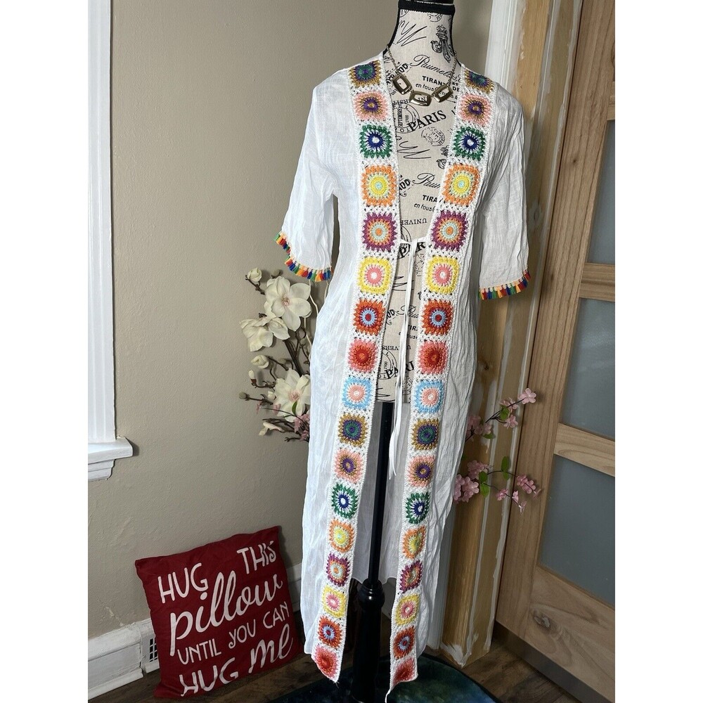 White Knit Long Cover Up XS Open Front Bohemian Boho Beach Wear Rebellion
